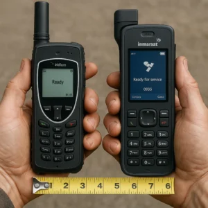 Size comparison: Iridium 9575 Extreme vs Inmarsat IsatPhone 2 handheld satellite phones shown in actual use