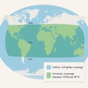 Global coverage map comparison: Iridium satellite phone 9575 Extreme covers entire Earth including poles vs Inmarsat IsatPhone 2 covers 70°N to 70°S only