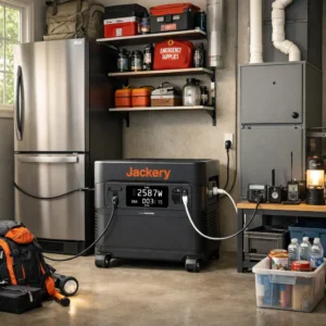 Jackery HomePower 3600 Plus home backup setup - powering refrigerator, furnace, and electronics during outages