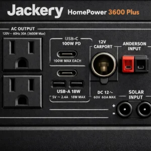 Jackery HomePower 3600 Plus ports and connections - AC outlets, USB-C, solar input, car outlet