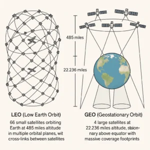 LEO vs GEO satellite architecture diagram - Iridium's 66 cross-linked satellites vs Inmarsat's 4 geostationary satellites