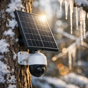 Solar panel charging Reolink Go PT Ultra camera during Michigan December with 9-hour daylight winter conditions