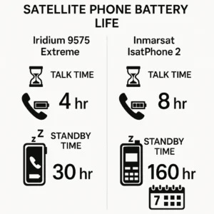 Battery life comparison: Inmarsat IsatPhone 2 offers 8-hour talk time vs Iridium 9575 Extreme's 4-hour talk time