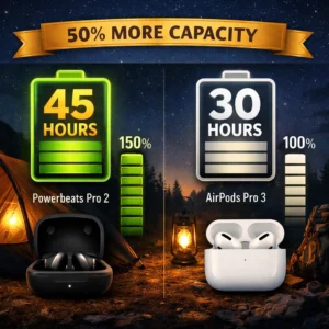 Battery life comparison infographic showing Powerbeats Pro 2 45 hours versus AirPods Pro 3 30 hours for multi-day backpacking