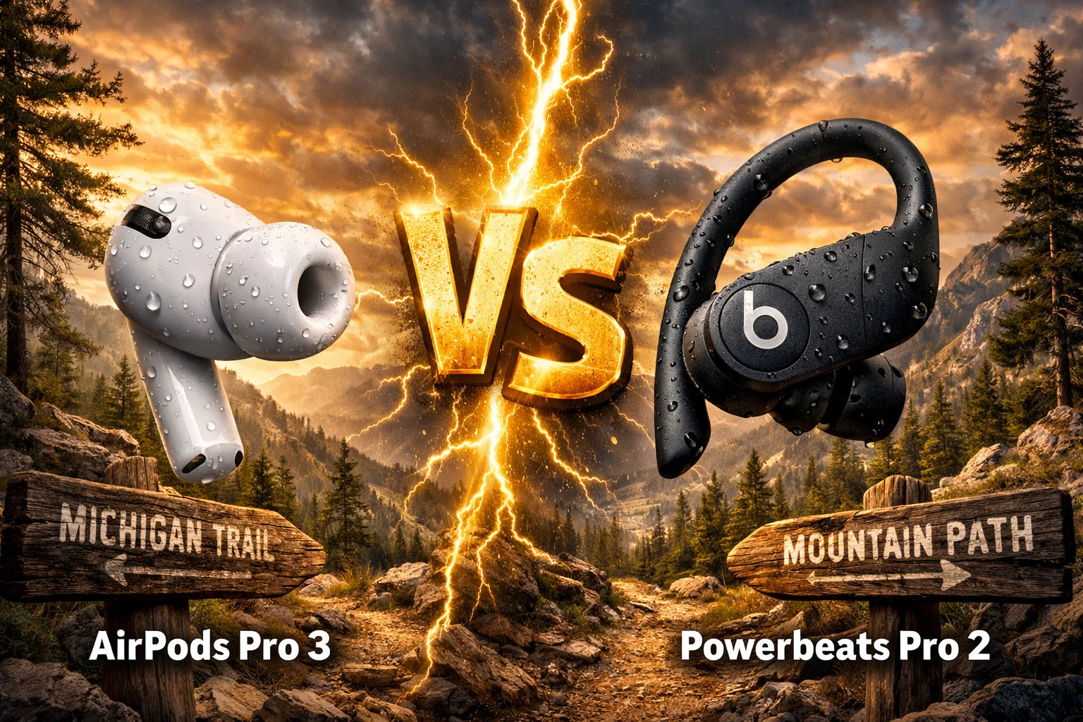 AirPods Pro 3 vs Powerbeats Pro 2 comparison for hiking showing both Apple earbuds with VS divider on Michigan trail background