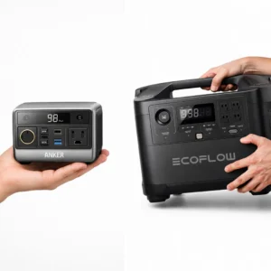 Anker vs EcoFlow DELTA 3 portability comparison demonstrating 24.9 lbs versus 74 lbs weight difference