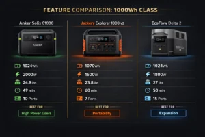 Best portable power stations side-by-side feature comparison: Anker Solix C1000 with 2000W output, Jackery Explorer 1000 v2 at 23.8 lbs, EcoFlow Delta 2 with 15 ports