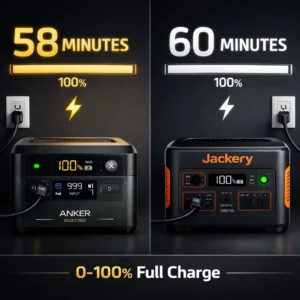 Anker SOLIX vs Jackery charging speed comparison showing 58 minutes versus 60 minutes to full charge
