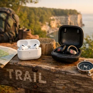 AirPods Pro 3 and Powerbeats Pro 2 on wooden trail sign at Michigan hiking trail with backpacking gear