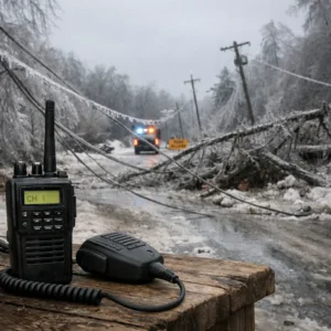 Ice storm damage showing downed power lines and emergency radio used for communication during outage