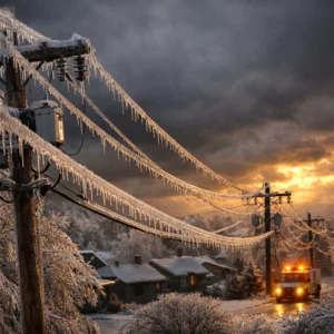 December 2025 ice storm damage to power lines in Northern Michigan causing widespread outages and emergency power station deployment