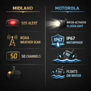 Emergency radio features comparison including SOS functions, NOAA weather alerts, and waterproof capabilities