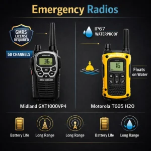 Technical specifications comparison between GMRS and FRS emergency radios showing range and features