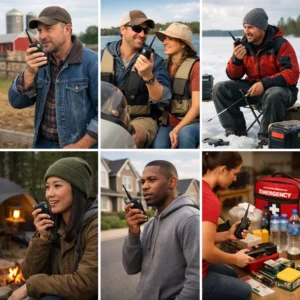 Various emergency radio use case scenarios showing applications for rural, water, winter, and neighborhood communications