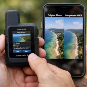 Garmin inReach Mini 3 Plus photo messaging feature showing satellite image compression comparison