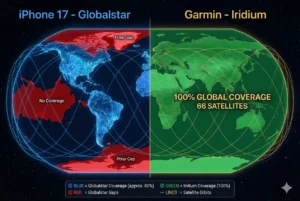 Satellite network coverage map comparing iPhone 17 Globalstar network 80% coverage vs Garmin inReach Iridium 100% global coverage including polar regions