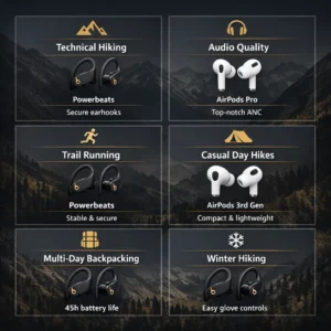 Hiking use case decision matrix showing AirPods Pro 3 versus Powerbeats Pro 2 winners for six different trail scenarios