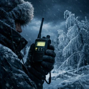 Person using emergency radio during ice storm in Northern Michigan for real-world field testing