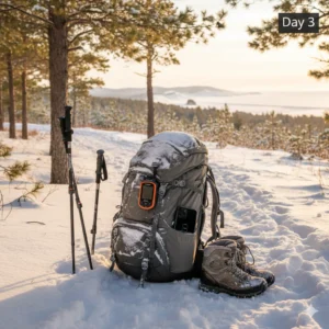 Real-world backcountry comparison showing Garmin inReach Mini 3 Plus active on backpack vs iPhone 17 with dead battery on day 3 of Michigan winter hiking trip