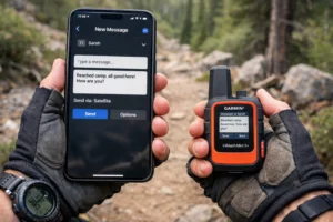 Size comparison showing iPhone 17 Pro Max vs Garmin inReach Mini 3 Plus held in hands demonstrating weight and portability differences for backcountry use