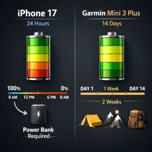 Battery life comparison infographic showing iPhone 17 lasting 24 hours vs Garmin inReach Mini 3 Plus lasting 14 days on single charge for backcountry trips