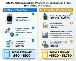 Two-year total cost comparison showing iPhone 17 free satellite service vs Garmin inReach Mini 3 Plus device cost plus subscription fees