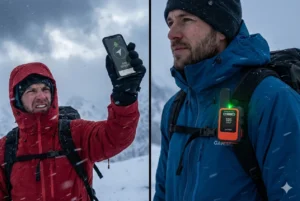 Emergency SOS comparison showing iPhone 17 requiring manual satellite pointing vs Garmin inReach Mini 3 Plus automatic satellite connection in backcountry emergency