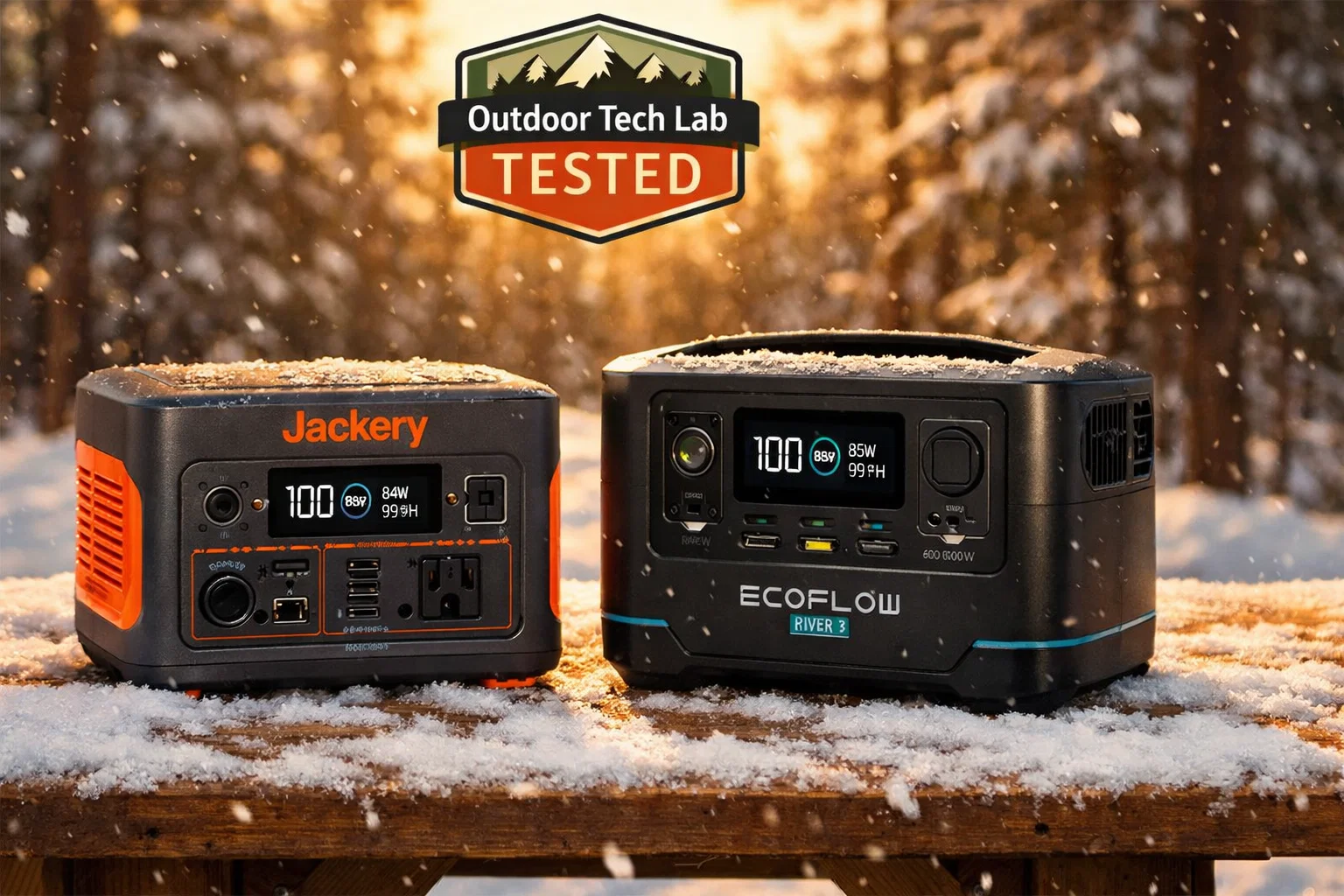 Jackery 300 vs River 3 portable power stations compared side-by-side on snowy Michigan camping table