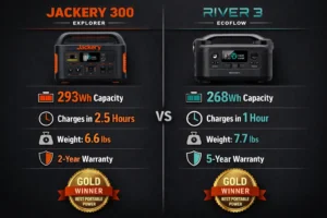 Jackery 300 vs River 3 specifications comparison showing battery capacity and charging speed differences