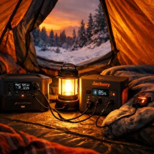 Budget power stations powering heated tent equipment during winter camping in Michigan forest