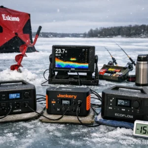 Best portable power stations field testing setup on frozen Pere Marquette Lake Michigan with ice fishing equipment, fish finder, and power stations in sub-zero winter conditions