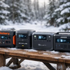 Side by side comparison of portable power stations in winter snow conditions demonstrating cold weather performance differences