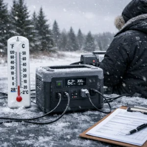Portable power station operating during Northern Michigan ice storm at freezing temperatures powering refrigerator and emergency devices