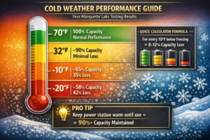 Best portable power stations cold weather performance guide showing capacity retention from 70°F to -20°F with percentage losses at each temperature range