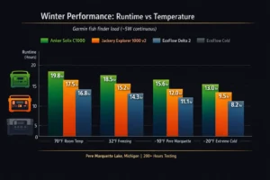 Best portable power stations comparison chart showing Anker, Jackery, and EcoFlow performance at different temperatures from 70°F to -20°F with runtime data by the Outdoor Tech Lab team