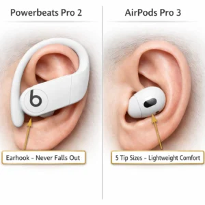 Powerbeats Pro 2 earhook design versus AirPods Pro 3 stemless fit comparison showing secure fit differences