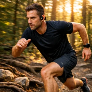 Trail runner wearing Powerbeats Pro 2 showing secure earhook fit during high-impact running on Michigan forest trail test by outdoor tech lab team