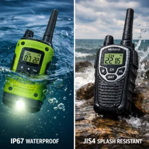 Waterproof testing comparison of emergency radios showing IP67 submersible vs JIS4 splash-resistant ratings