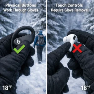 Winter hiking glove control test showing Powerbeats Pro 2 physical buttons working versus AirPods Pro 3 touch controls failing