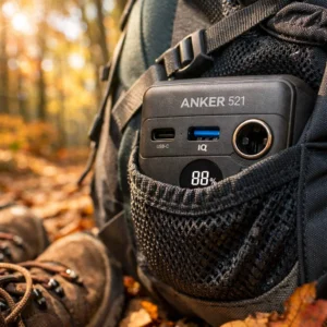 Anker 521 power station fitting easily in backpack side pocket during Northern Michigan hiking trip