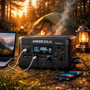 Anker SOLIX C1000 Gen 2 powering multiple devices at camping site in Manistee National Forest