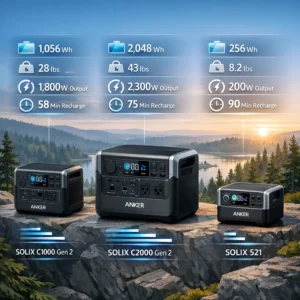Infographic showing Anker SOLIX C1000 Gen 2 vs C2000 Gen 2 vs 521 power station comparison with key specs