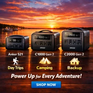 Final recommendation graphic: Anker 521 for day trips, C1000 Gen 2 for camping, C2000 Gen 2 for home backup