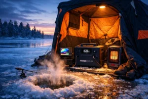 Anker SOLIX power station being used in ice fishing shelter on frozen Pere Marquette Lake, Northern Michigan. Winter tested by the Outdoor Tech Lab team.