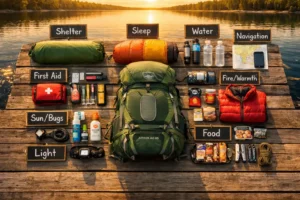 Backpacking essentials gear layout showing 10 essential systems for first camping trip