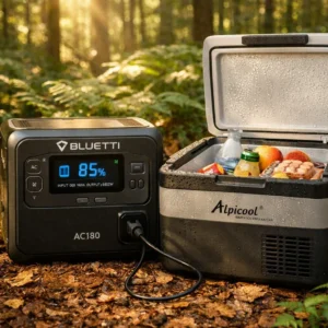 BLUETTI AC180 portable power station for camping running a portable mini-fridge at Michigan campsite with 22 hour runtime tested by the Outdoor Tech Lab team