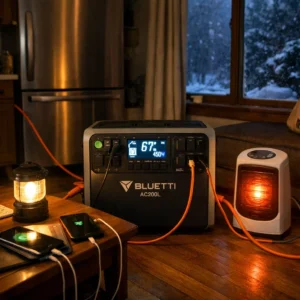 BLUETTI AC200L powering refrigerator, space heater, and lighting during 72-hour winter power outage test in Ludington, Michigan