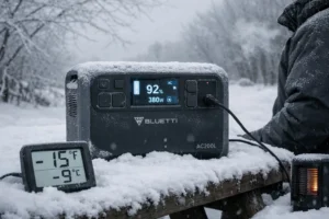 BLUETTI AC200L operating at -15°F with frost accumulation showing continued functionality in extreme cold weather conditions test by Outdoor Tech Lab