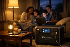 Family safely using BLUETTI AC200L for emergency backup power during outage, powering lighting, electronics, and comfort devices