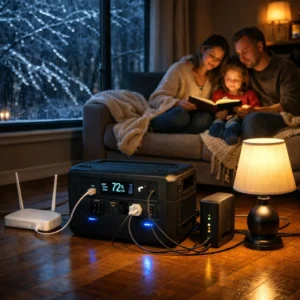 Portable power station guide 2026 home backup with BLUETTI AC200L powering router and fridge during outage